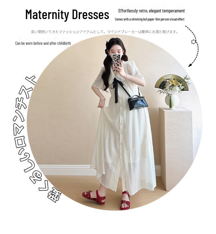 2026 Summer College Style French White Doll Collar Maternity Long Dress - Age-Reducing, Loose, and Slimming Fit