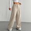 Women Pants Low Rise Zipper Button Fly Straight Wide Leg Long Pants with Pockets Solid Color Ribbed Leisure Trousers