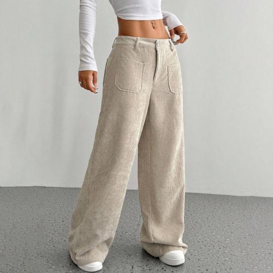 Women Pants Low Rise Zipper Button Fly Straight Wide Leg Long Pants with Pockets Solid Color Ribbed Leisure Trousers
