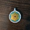 3.5" Silver Conch Shell Copper Thangka Pendant with Green Zhaki Wolf King Design