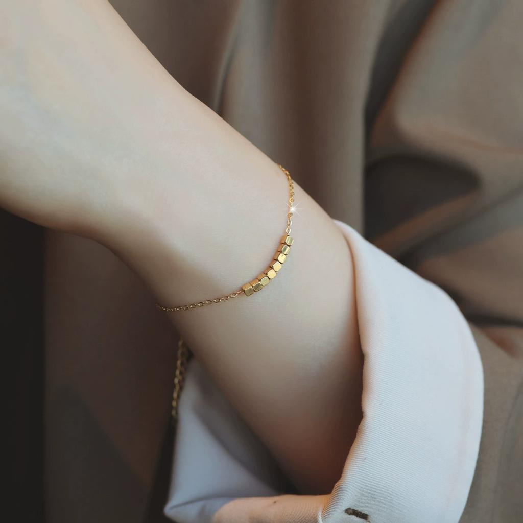 Fashion Gold Color Stainless Steel Geometric Square Beaded Lucky Bracelet for Women Charm Bangle Necklace Zircon Set
