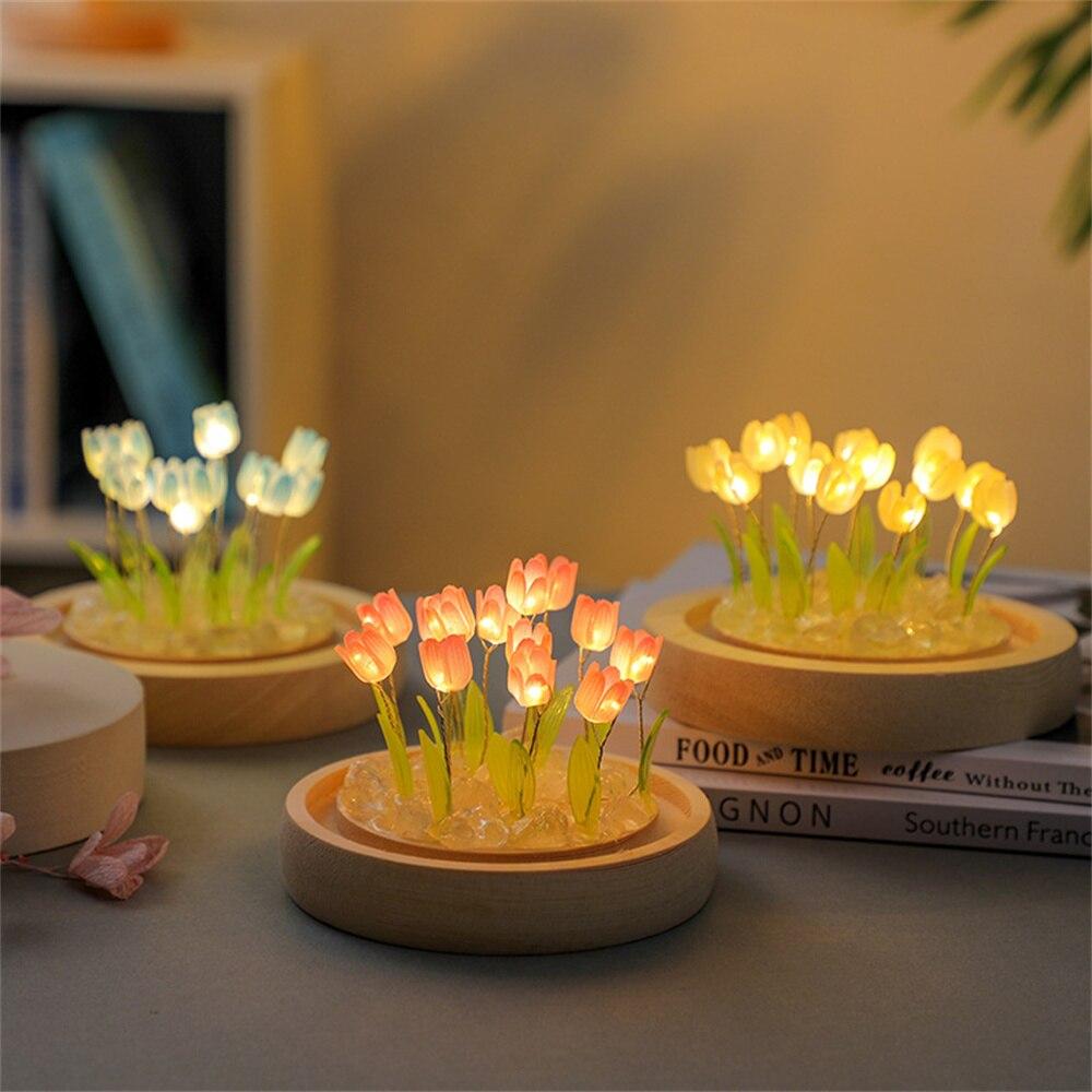 Luz Nocturna de Flor de Tulipán Artificial Hecha a Mano DIY Lámpara de Noche LED Decoración para Dormitorio Regalos de Navidad Cumpleaños Lámpara de Mesa