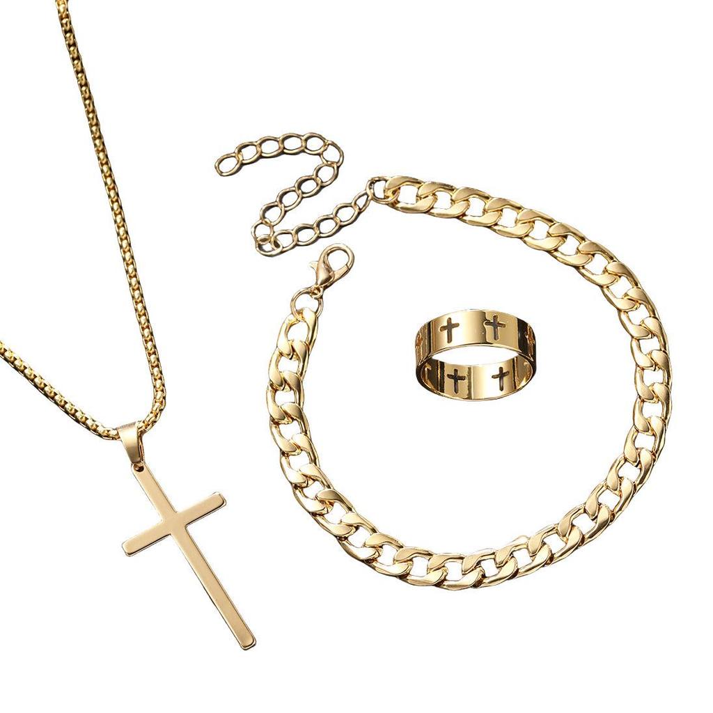 European Style Cross Ring Necklace and Bracelet Set: Unisex Simple Sweater Chain Accessories