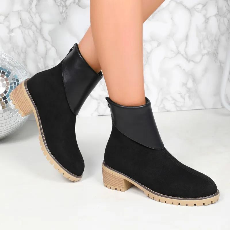 Fashion Female Shoes on Sale 2024 High Quality Zipper Women's Boots Winter Round Toe Suede Solid Short Barrel Chunky Heels Fashion Boots
