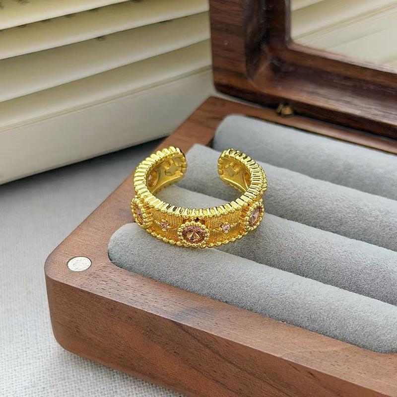 Medieval Vintage Pink Zircon Colored Treasure Open Ring Niche Light Luxury High Sense Stacked With Diamond Rings Woman