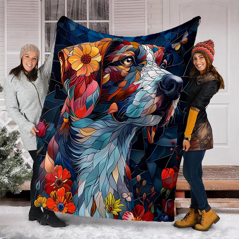 1pc Stained Glass Dog Outdoor Flannel Blanket, Cozy & Warm Soft Te Playful Design, Napping Camping,