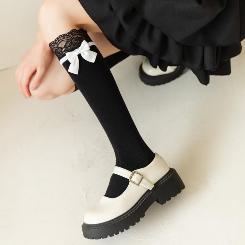 Sweet Lace Patchwork Calf Socks Lolita Bow White Cutewomen Mid-Tube Socks