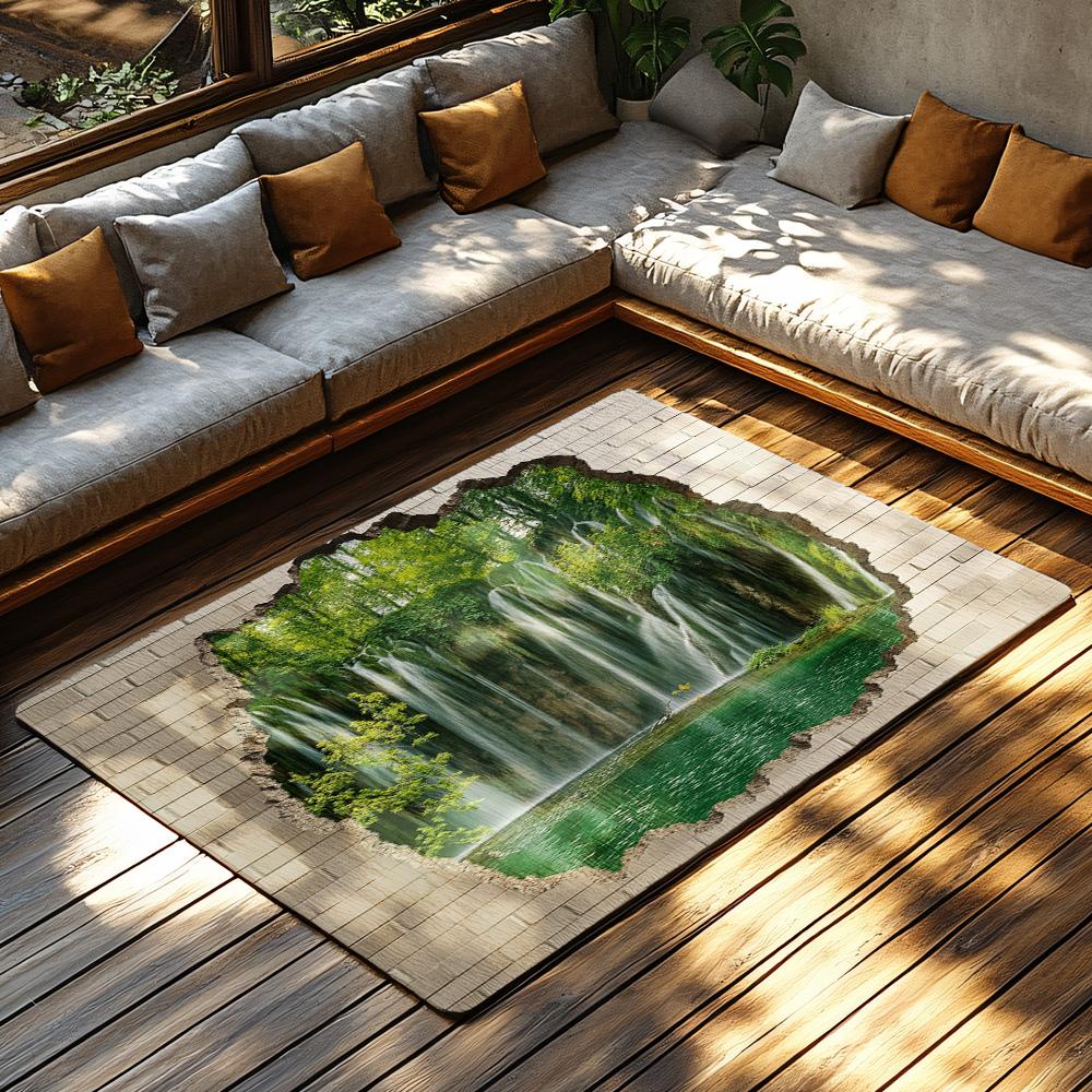 Forest Waterfall Landscape Rug, Green Nature Themed Carpet for Living Room, Plush Non-Slip Sofa Mat with Stone Border Design