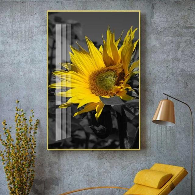 Solid Wood Frame Landscape Black Yellow Sunflower Canvas Painting Vintage Flowers Posters and Prints Wall Picture Living Room Home Decor