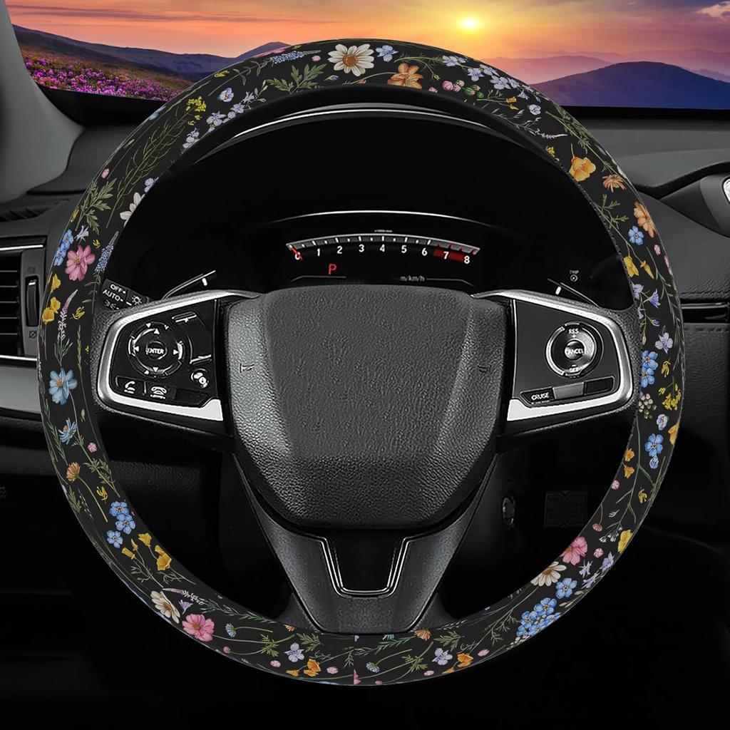 Wildflower Steering Wheel Cover, Flower Car Accessory For Diverse Cars, Steering Wheel Cover Non-Slip Breathable Fabric Absorbing Sweat Universal Car