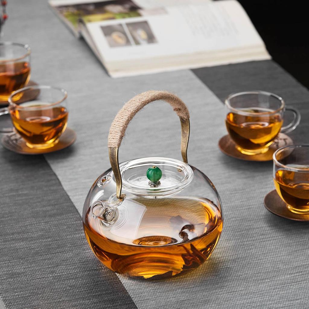 Pokaro Tea Heat-Resistant Glass Teapot, 1000ml, Stovetop-Safe, with Large Bead Design and Braided Hemp Handle, Stylish Japanese Teapot, Perfect Gift