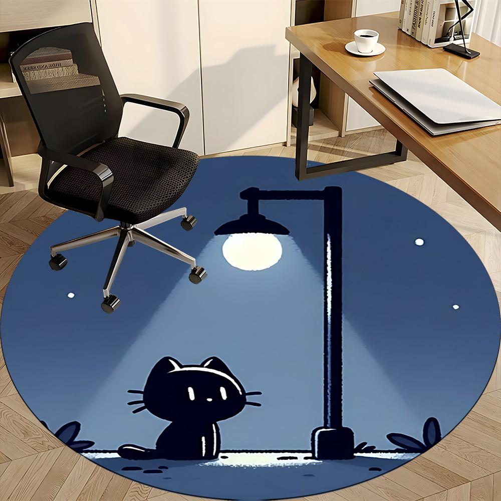 1pc Night Cat Office Round Area Rug, Indoor Mat Suitable For Office, Under Office Chairs Bedroom Living Room Home Decor, Room Deco 078
