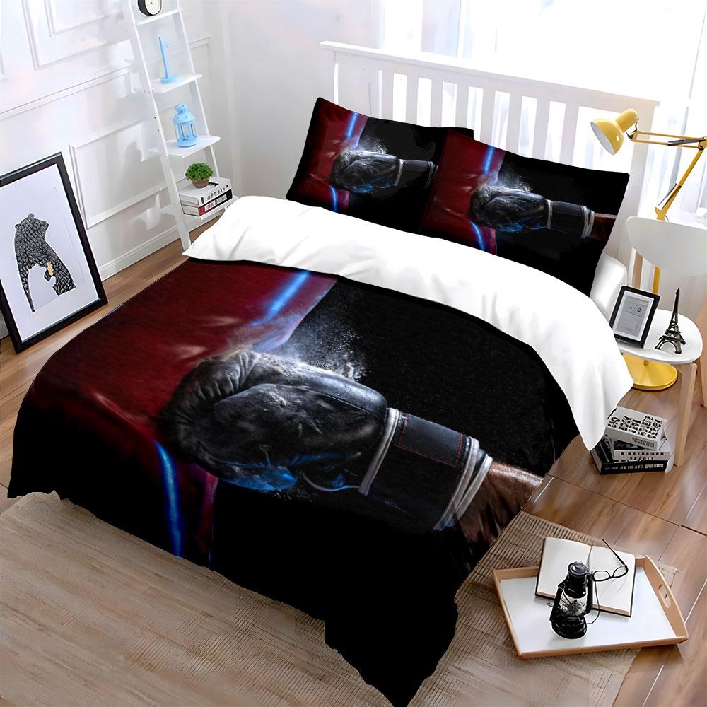 3Pcs Boxing Punching Bag Bedding Set, Black Glove Hitting Red Sandbag Print Duvet Cover + 2 Pillowcases, Sports Design For Boys