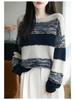 Dámský pletený svetr s kulatým výstřihem a barevným blokovým pruhem ve velkých velikostech - Dlouhý rukáv, volný střih na podzim/zimu.
