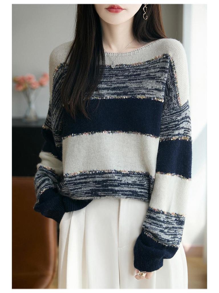 Dámský pletený svetr s kulatým výstřihem a barevným blokovým pruhem ve velkých velikostech - Dlouhý rukáv, volný střih na podzim/zimu.