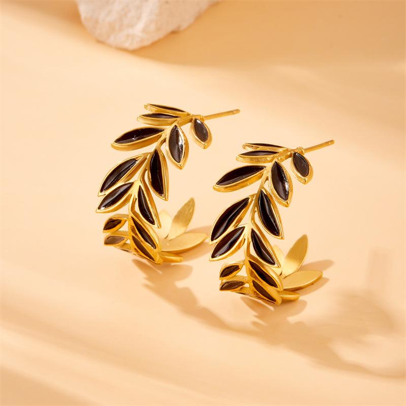 Gold Olive Leaf Jewelry Set Necklace Hoop Earrings with Black Enamel