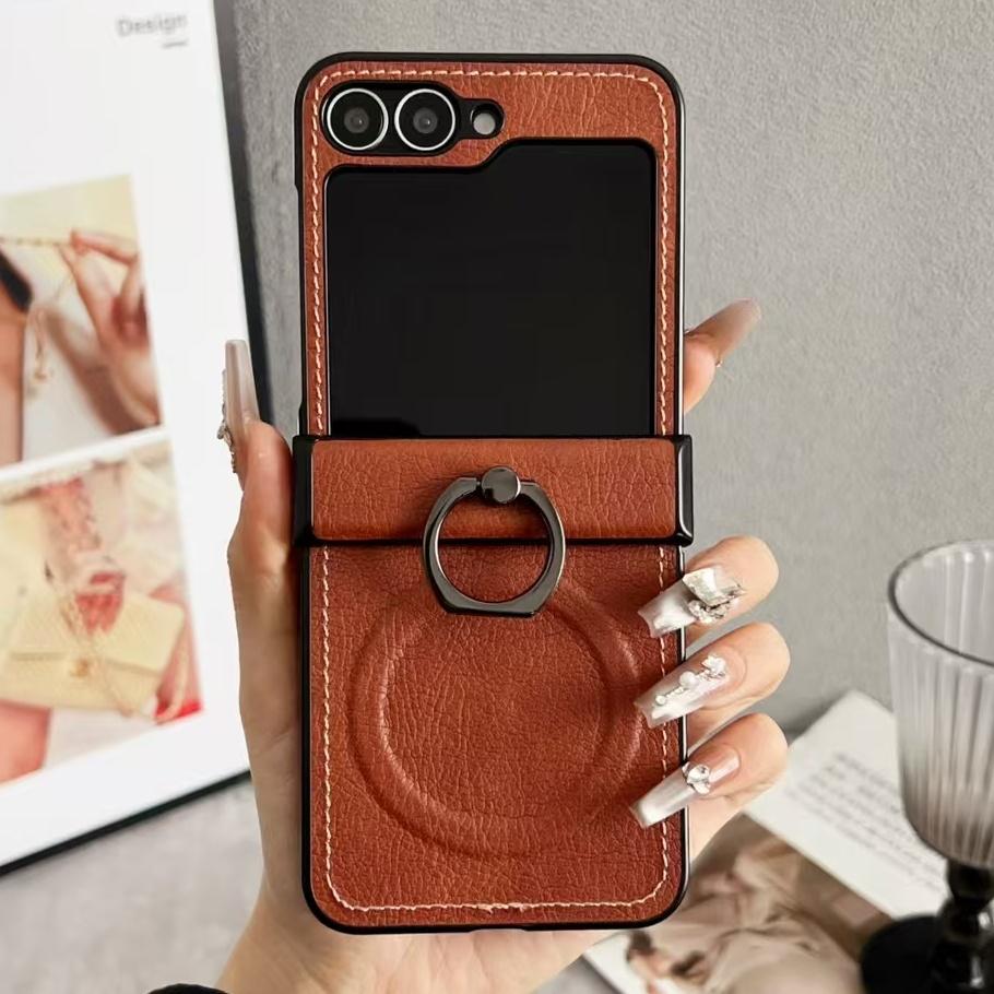Vintage Leather Lichee Pattern Cases for Samsung Galax Z Flip 7 6 5 4 3 Magnetic Hinge Stand Shockproof Business Mobile Cover