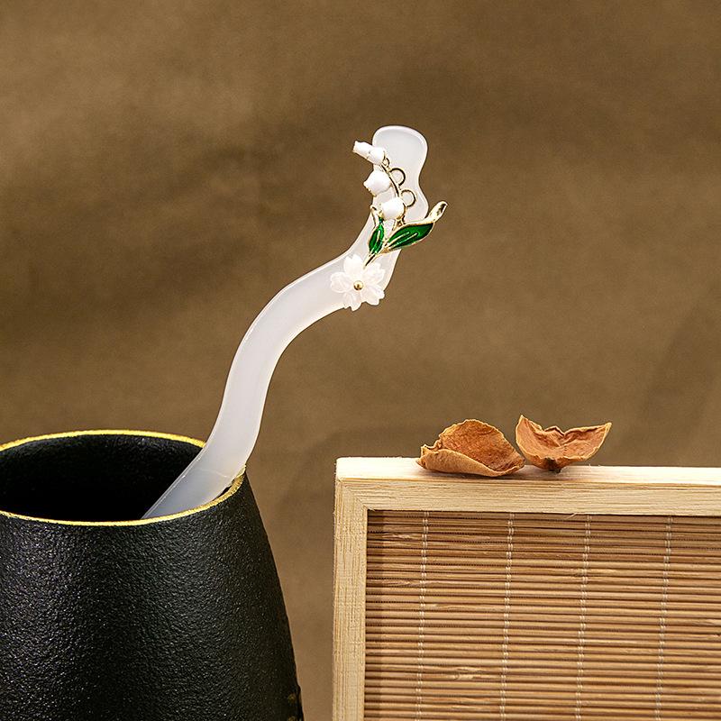 Starożytny Styl Super Wróżkowy Spinka do Włosów z Orchideą Dzwonkową Nowa Chińska Prosta Bambusowa Nieregularna Żywiczna Spinka do Włosów Akcesorium do Hanfu Cheongsam