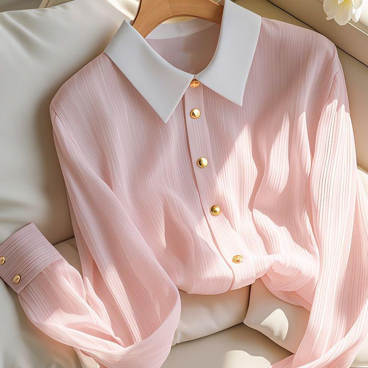 2025 Women's Versatile Slimming Long-Sleeve Pink Blouse - High-End, Breathable, and Fashionable