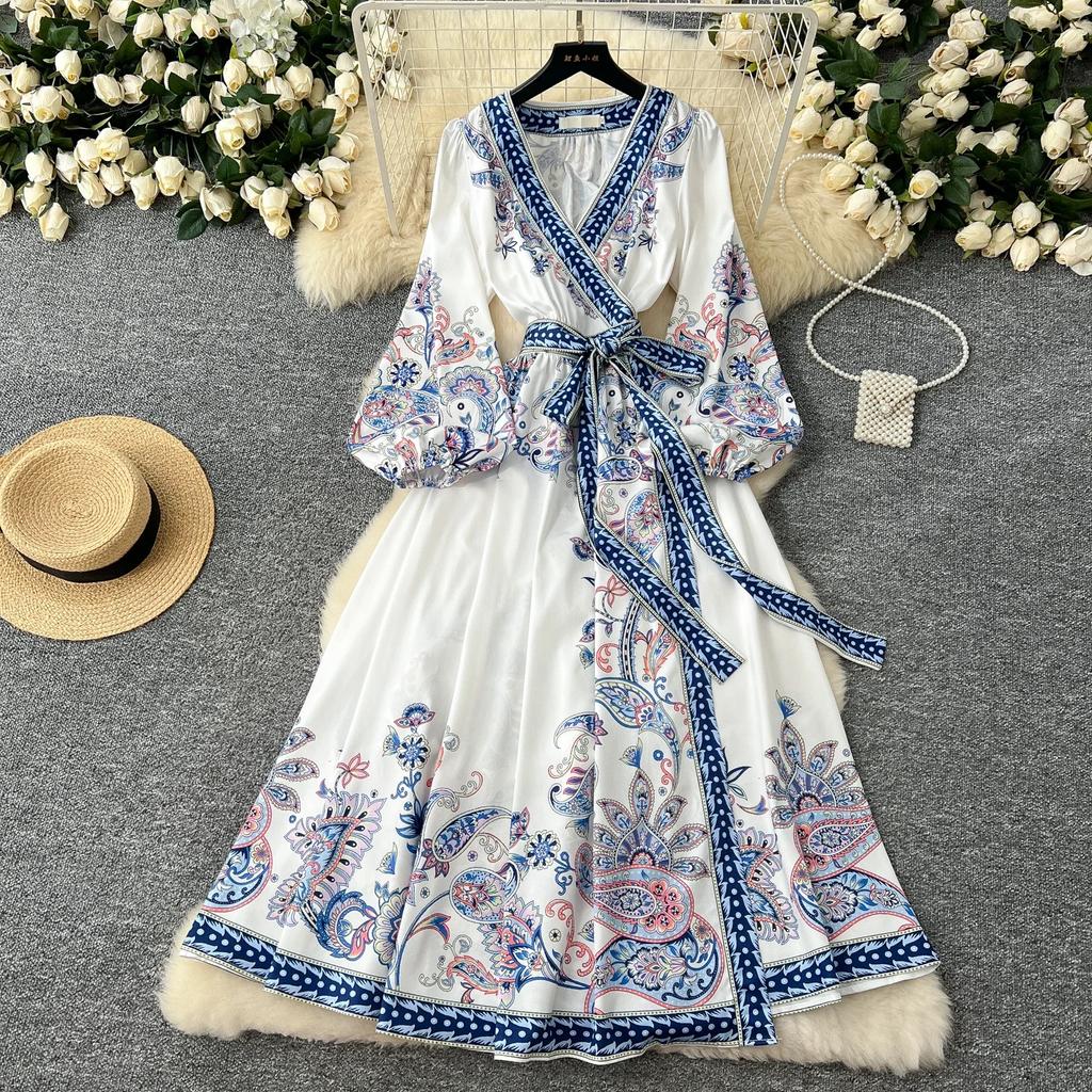 New Printted High Street Dresses For Women V Neck Long Sleeve Patchwork Sashes Temperament Dress Female Dresses