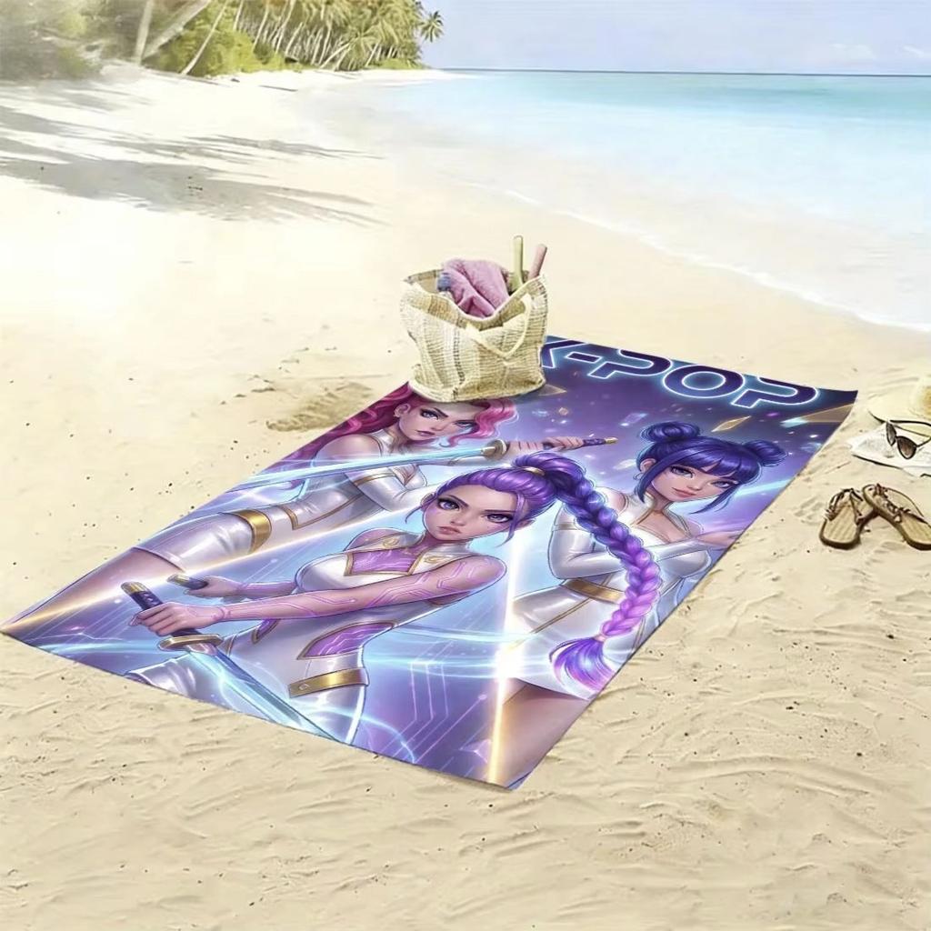 K-pop Idol Style Beach Towel Flat Print Anime Warrior Girls Graphic Bath Towel for Fan Gift Summer Concert Outdoor Decor
