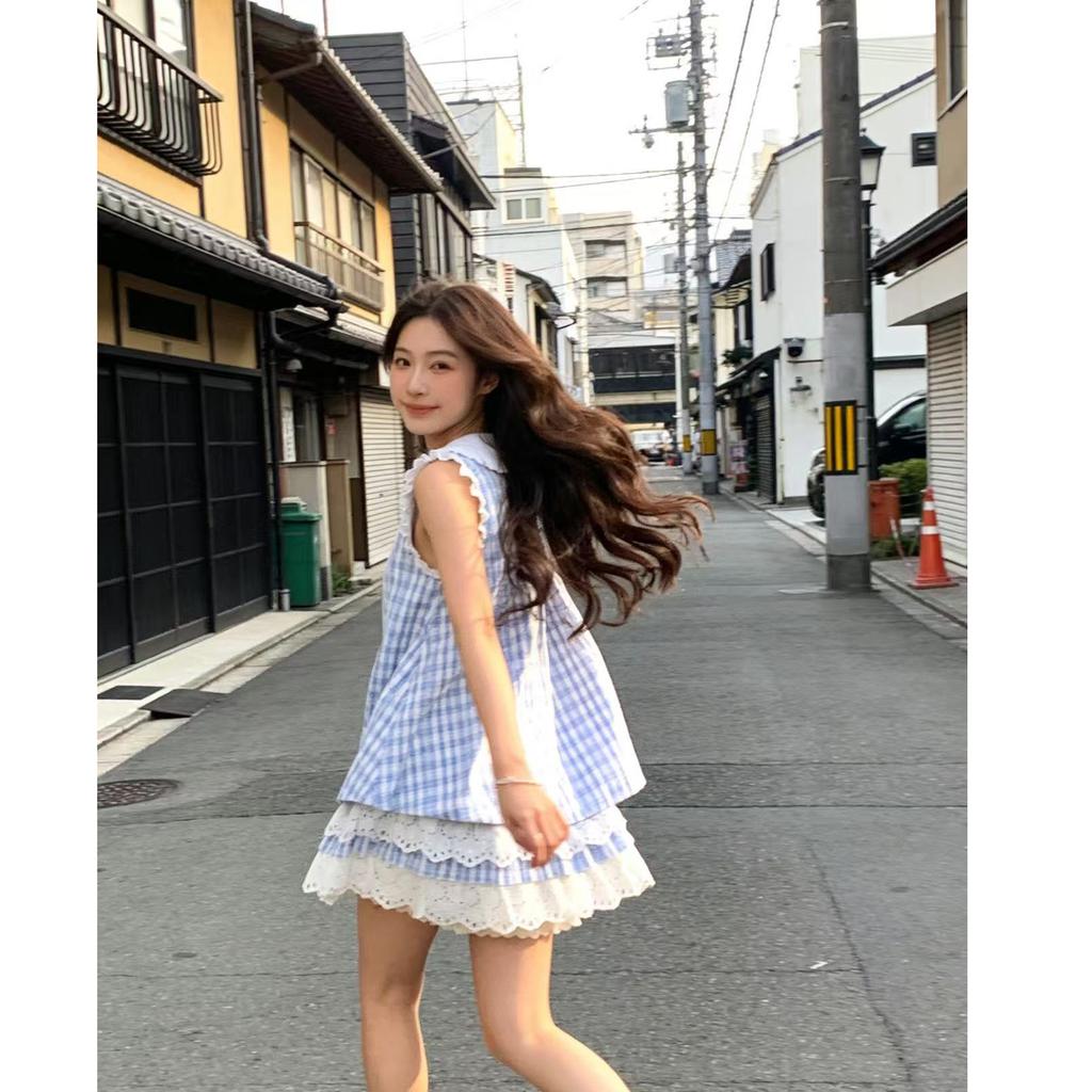 Plaid Dress Women's Summer New Japanese College Style Lace Vest Splicing Sleeveless Skirt Blue Looking Thin