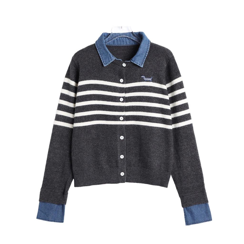 Korean Retro Denim Patchwork Knit Sweater – Women's Long Sleeve, Two-Piece Look