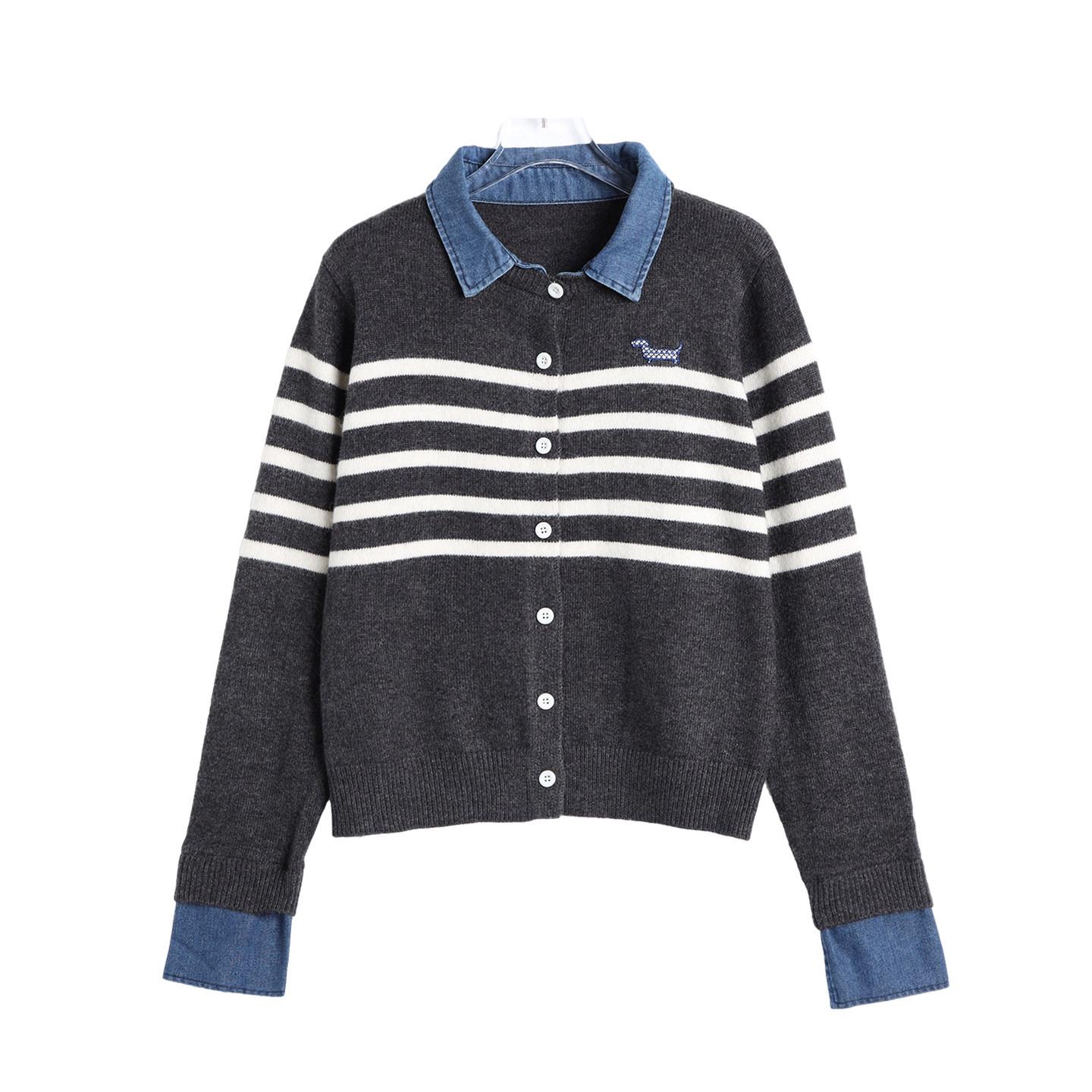 Korean Retro Denim Patchwork Knit Sweater – Women s Long Sleeve, Two-Piece Look 3XL