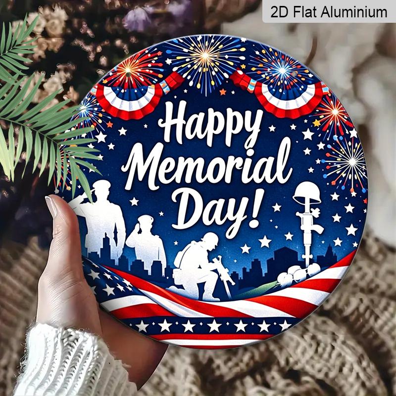 2D Flat, 1pc Round Happy Memorial Day Aluminum Hanging Sign, Patriotic US Soldier Silhouette Firework Flag Design, Weatherproof Metal Wall Decor
