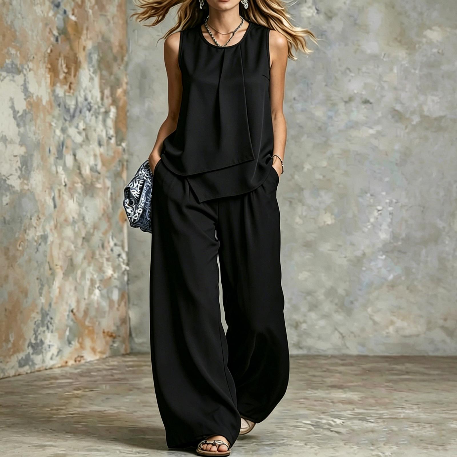 

Women s Sleeveless Jumpsuit with Pockets Loose Fit Wide Leg Striped Design Casual One Piece Outfit for Everyday Wear S чёрный