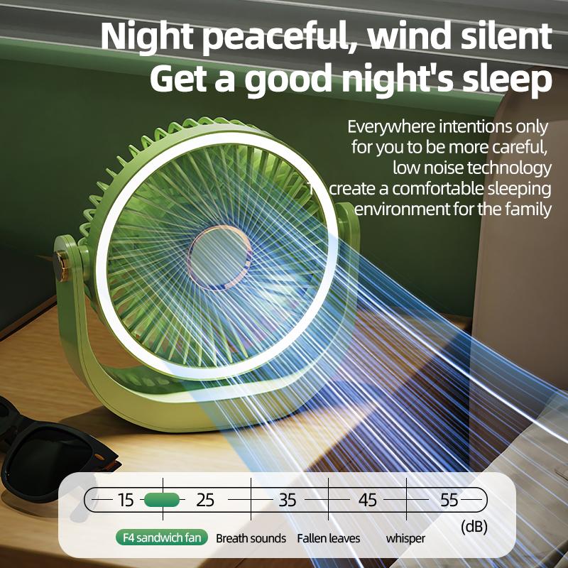 1200mAh Rechargeable USB Desk Fan 5 Speed 3 Level Night Light Quiet Cooling Fan for Home Office Bedroom Dorm Outdoor Use