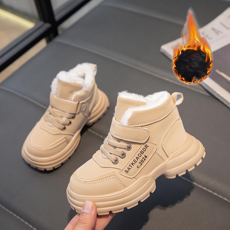 

Ботинки спортивные для мальчиков и девочек, меховые, модные, детские ботильоны, теплые зимние, милые студенческие короткие ботинки, мягкая подошва 34 хаки