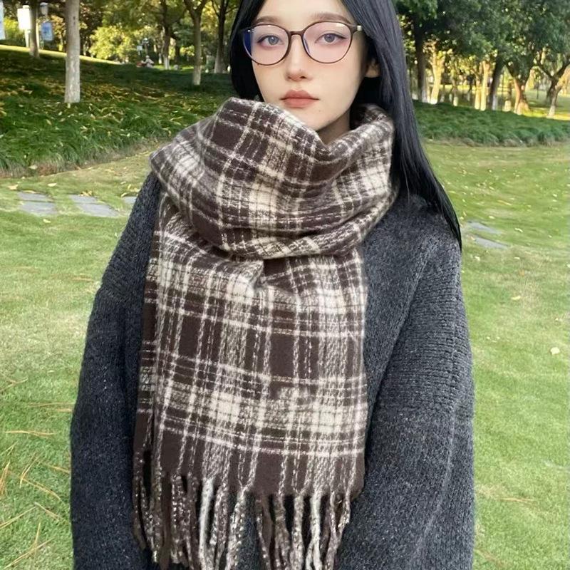 Women's Faux Cashmere Plaid Scarf - Korean Style, Thick & Warm Autumn/Winter Shawl
