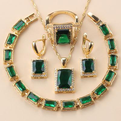 Bracciale Bangle Anello Placcato Oro Africano Set di Gioielli Trendy Zircone Verde Collana Orecchini a Clip Per Donna Regalo