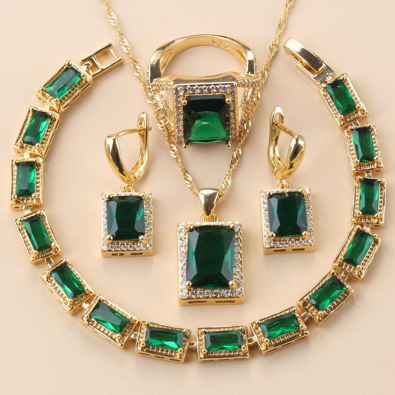 African Gold Plated Bracelet Bangle Ring Trendy Green Zircon Jewelry Sets Necklace Clip Earrings For Women Gift