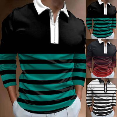 3D Digital Lapel Zip Long Sleeve T-shirt Men's Casual Polo Shirt Sweater