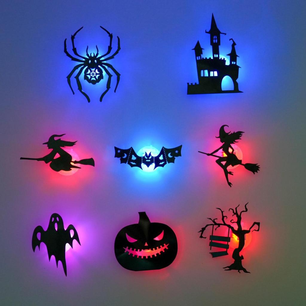 8pcs Halloween LED-Silhouette Wall Light Stickers Glow-In-The-Dark Bats Spiders Wall Decor Spookys Pumpkins Spiders Tree Decor