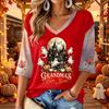 Women's V-Neck Casual Halloween Print Three-Quarter Sleeve Top for Fall Festive Occasions