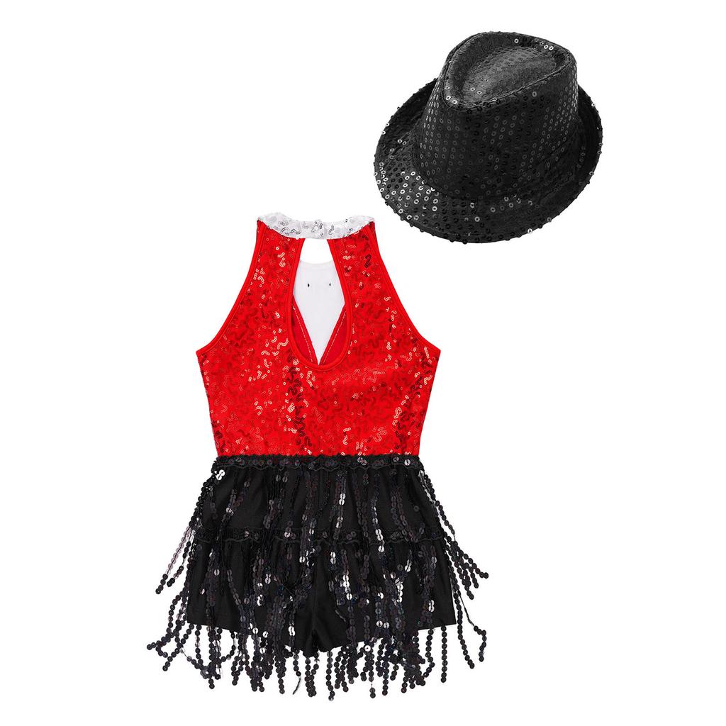 Girls Sleeveless Sequin Jumpsuit Keyhole Back Design Jazz Performance Competition Outfit Matching Hat