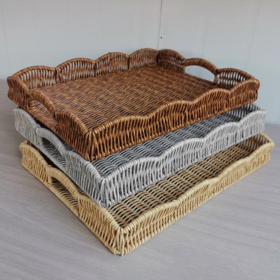Storage Tray Wicker Basket with Handles Retro Rattan Weave Design Easy To Clean Multi-Functional Countertop Organizer