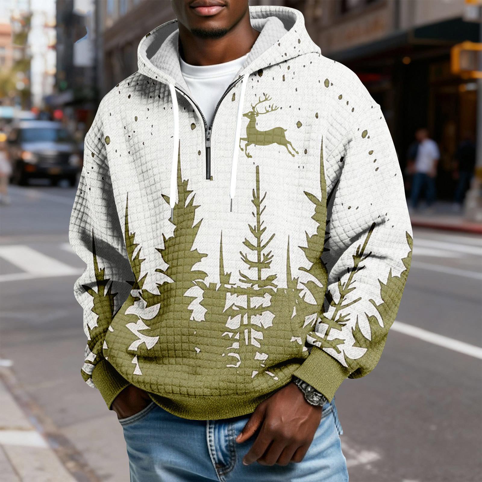 

Мужской худи-пуловер в клетку с капюшоном на молнии до середины, со шнурком и принтом, повседневная спортивная толстовка M