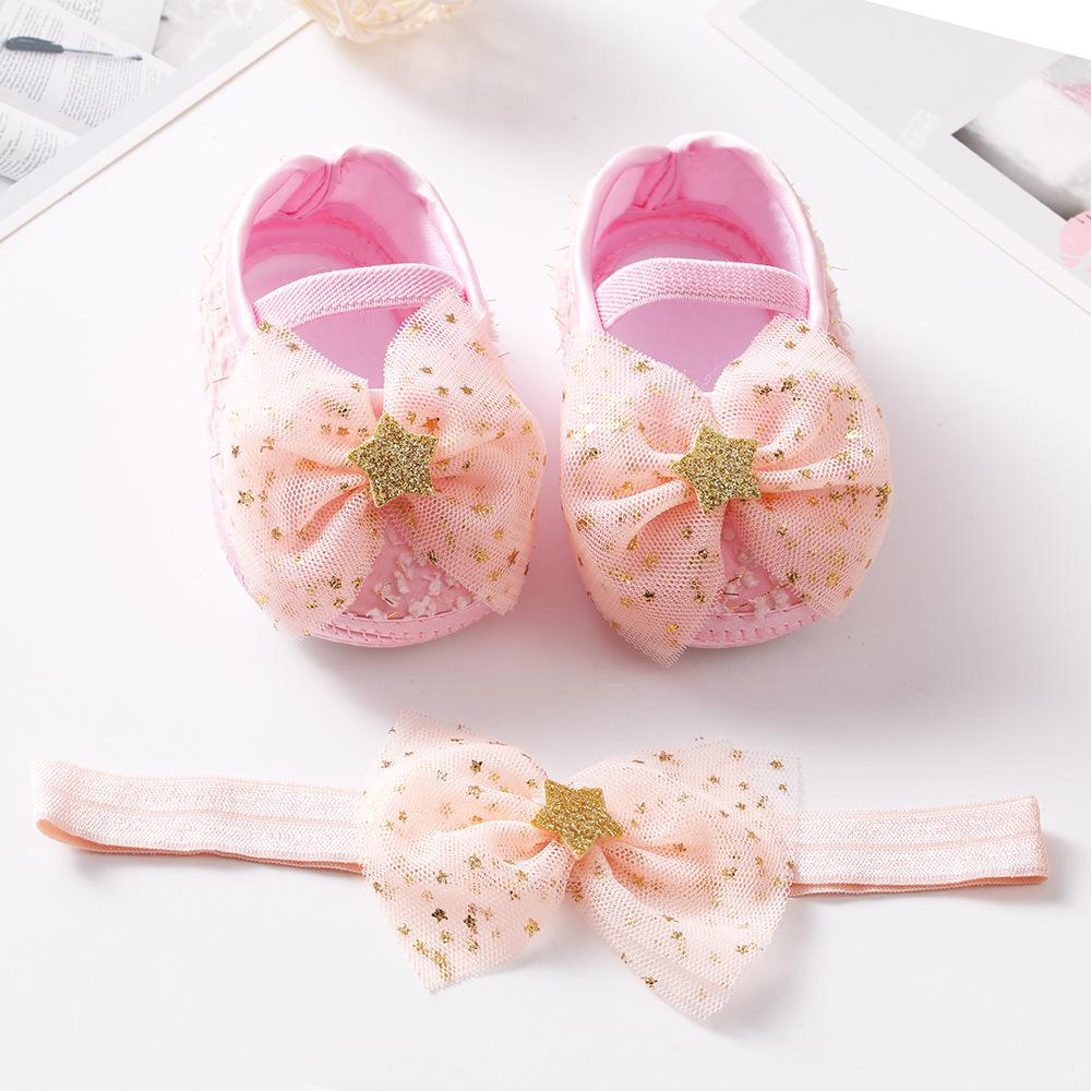 Wwo-piece Set Baby Girls Glitter Star Tulle Bow Crib Shoes & Matching Elastic Headband Set, Soft Dot Anti-Slip Sole Mary Jane Princess Shoes
