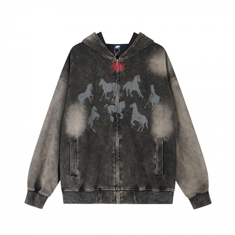 Womens Vintage American Style Horse Print Zip Up Hoodie Loose Casual Couple Sweatshirt