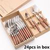 Tableware Set Option Wood Handle Korean Dinnerware Stainless Steel 6 Steak Knives 6 Forks 6 Spoon 6 Teaspoon High Quality Cutlery 24Pcs Laguiole