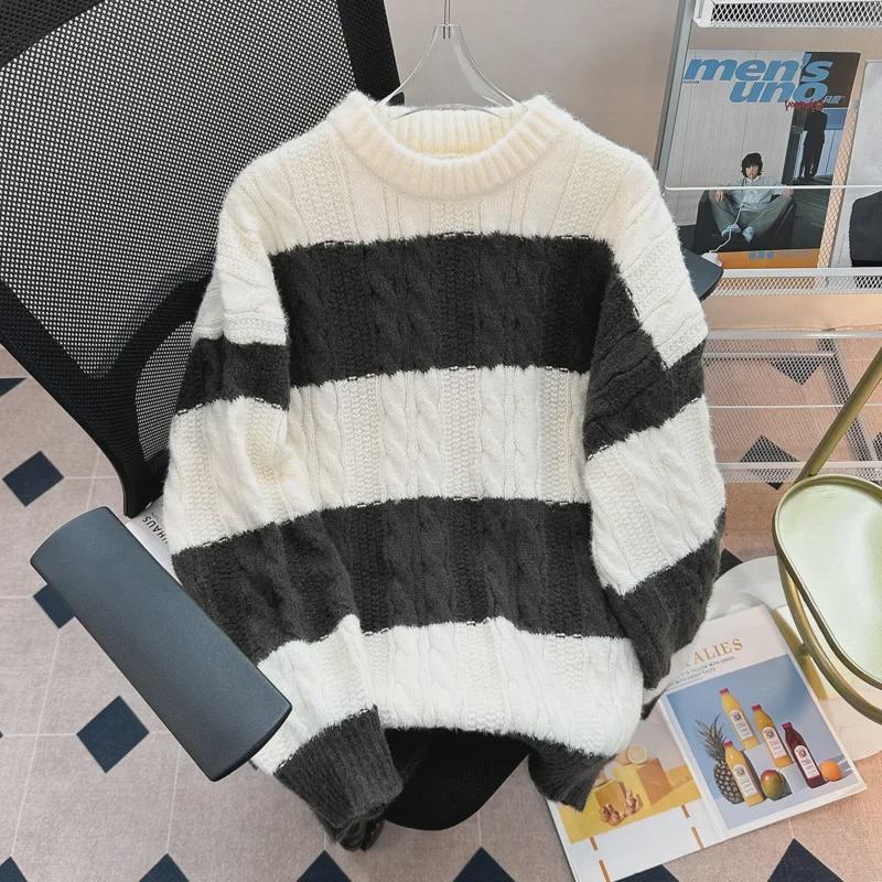 Pánský volný ležérní pruhovaný pletený svetr - Japonský trendy TikTok styl pro středoškoláky