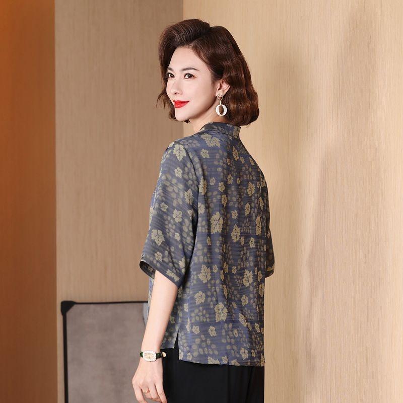 Chinese Summer Chiffon Shirt Mid-sleeve Stand Collar Middle-aged and Elderly Women's New Summer Small Shirt Loose Top