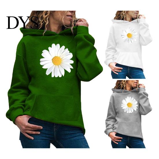 Autumn Hoodie Spring with Big Front Pocket Flower Printing Long Sleeve Daily Wear Pullover Elastic Cuffs Thic Hooded Sweatshirt Sport Top