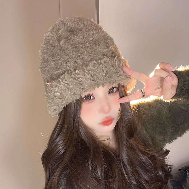 Plush Hat Women's 2023 New Knitted Wool Hat Autumn and Winter Big Head Circumference Showing Face Small Thickened Warm Ear Protection Cold Hat