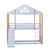 Bunk Bed with Fence Anti-fall Device Characteristic Windows Ladder Wood Frame Family Loft Bed Home