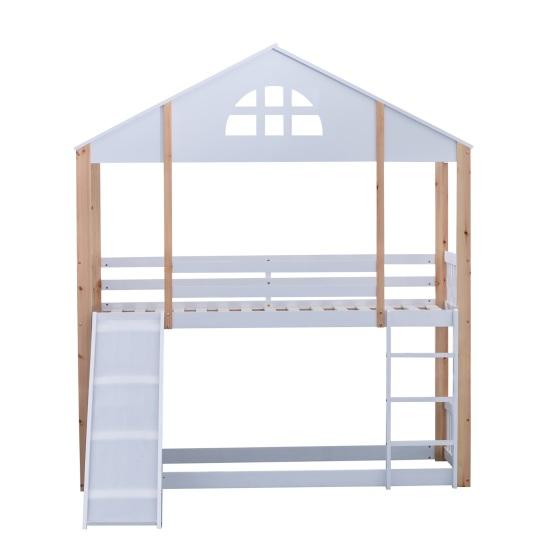 Bunk Bed with Fence Anti-fall Device Characteristic Windows Ladder Wood Frame Family Loft Bed Home